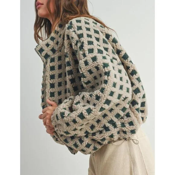 Women green Cropped Sherpa Fleece Plaid Jacket Chunky Outerwear - Picture 5 of 7